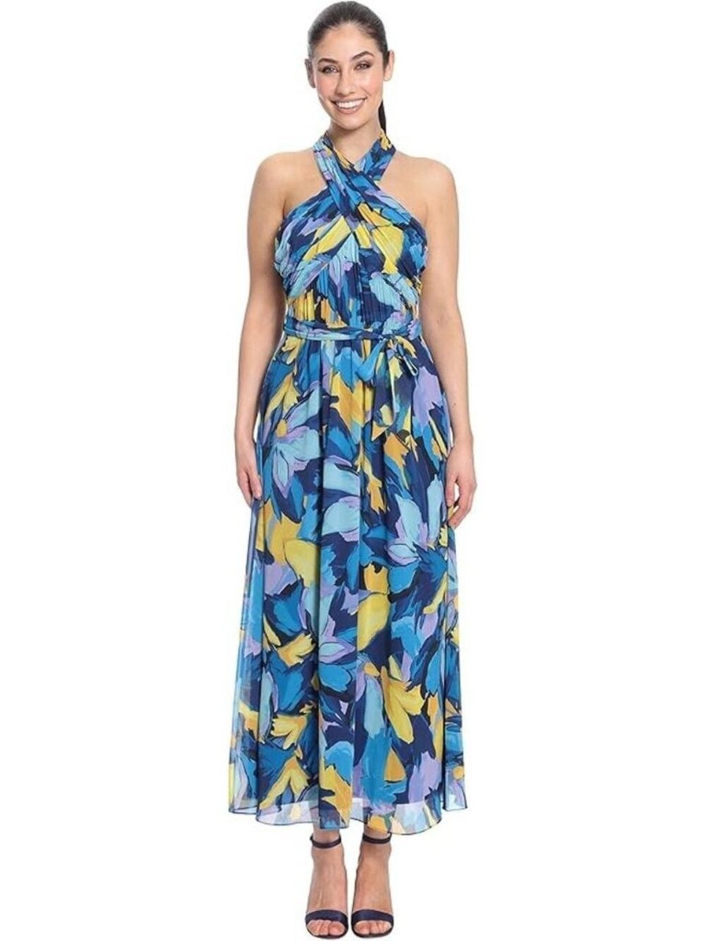 London Times Blue Multi-Color Floral Halter Maxi Dress, size 10